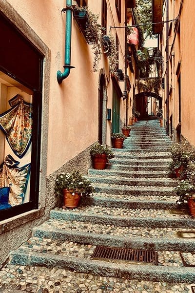 A narrow cobblestone street with stone steps between two buildings A narrow cobblestone street with stone steps between two buildings